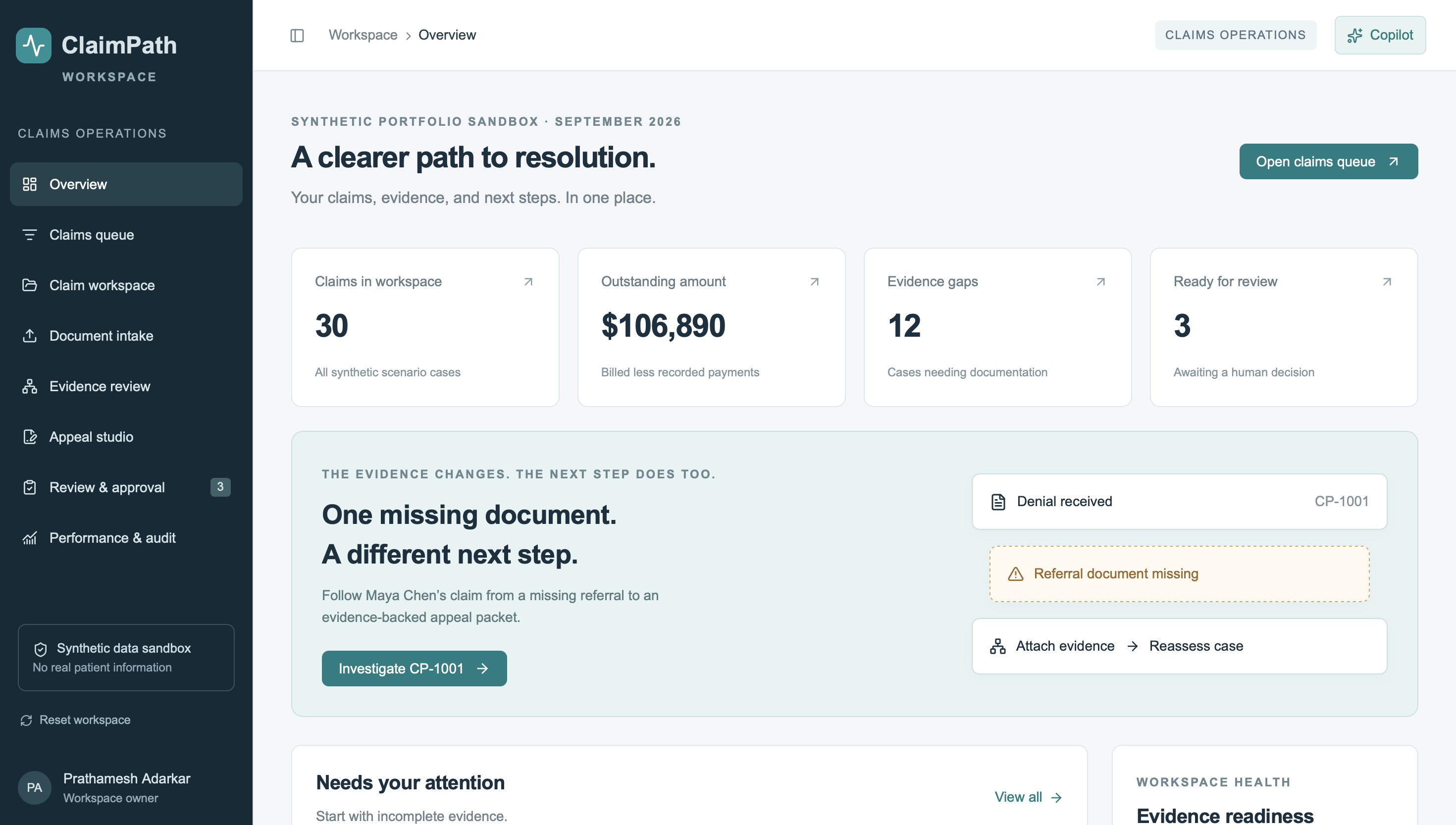 ClaimPath overview screen: a claims queue showing evidence gaps and pending reviews.